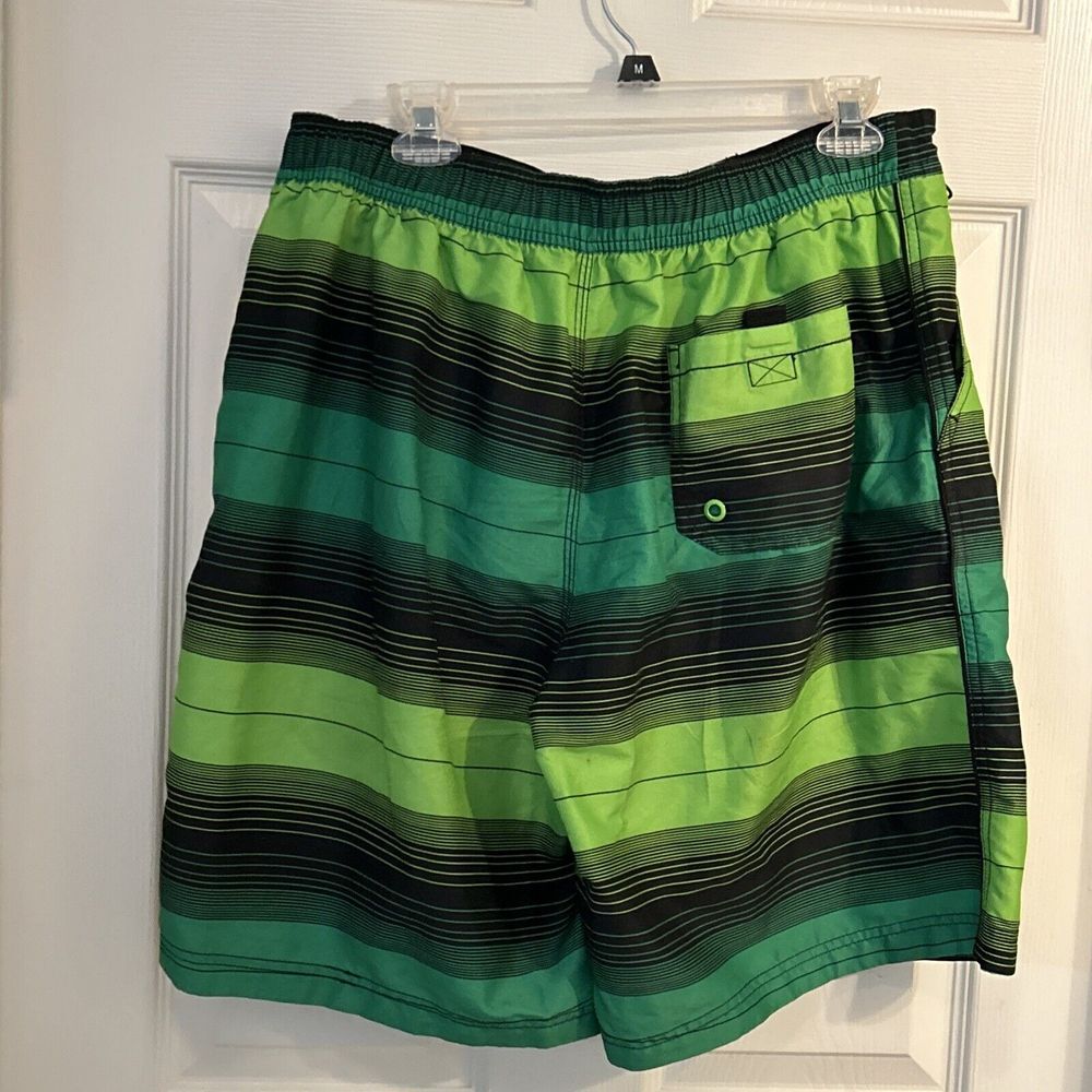 Speedo Mens Board Shorts Swimsuit Size L Green/Black Slash Pockets Lined